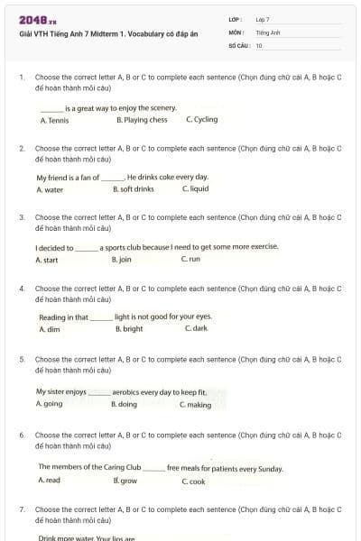 Giải VTH Tiếng Anh 7 Midterm 1. Vocabulary có đáp án