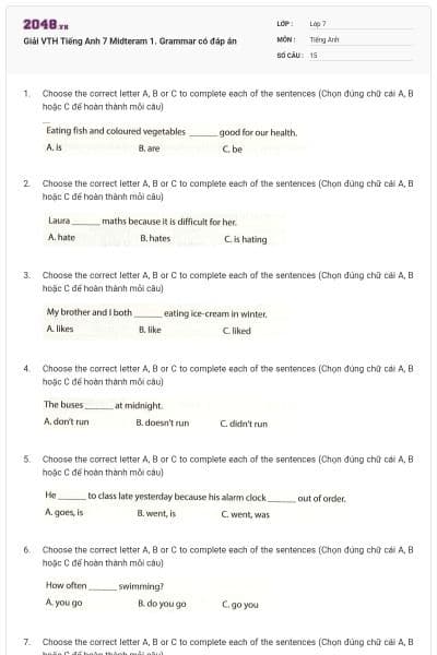 Giải VTH Tiếng Anh 7 Midteram 1. Grammar có đáp án