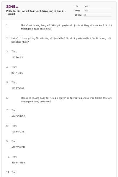 Phiếu bài tập Học kì 2 Toán lớp 3 (Nâng cao) có đáp án -Tuần 24