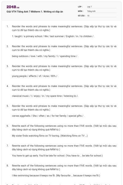 Giải VTH Tiếng Anh 7 Midterm 1. Writing có đáp án