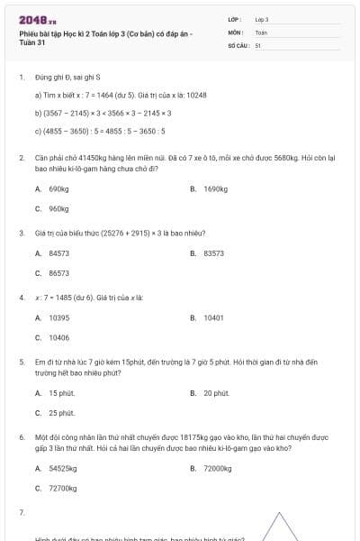 Phiếu bài tập Học kì 2 Toán lớp 3 (Cơ bản) có đáp án - Tuần 31