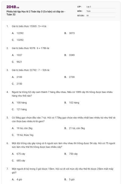 Phiếu bài tập Học kì 2 Toán lớp 3 (Cơ bản) có đáp án - Tuần 32