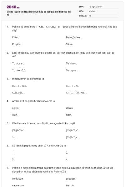 Bộ đề luyện thi Hóa Học cực hay có lời giải chi tiết (Đề số 4)