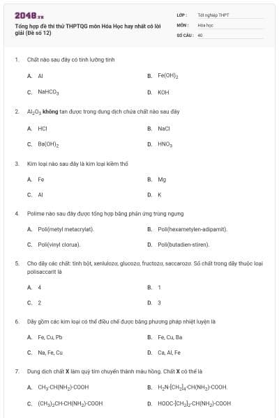 Tổng hợp đề thi thử THPTQG môn Hóa Học hay nhất có lời giải (Đề số 12)