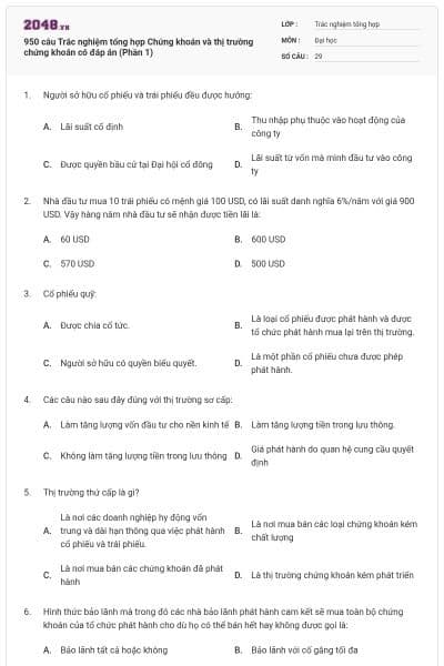 950 câu Trắc nghiệm tổng hợp Chứng khoán và thị trường chứng khoán có đáp án (Phần 1)