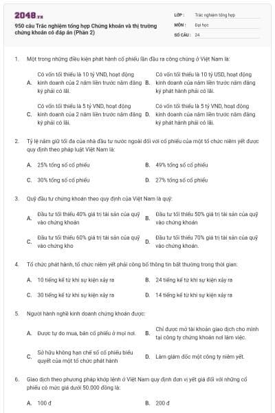 950 câu Trắc nghiệm tổng hợp Chứng khoán và thị trường chứng khoán có đáp án (Phần 2)