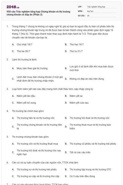 950 câu Trắc nghiệm tổng hợp Chứng khoán và thị trường chứng khoán có đáp án (Phần 3)