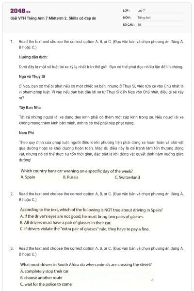 Giải VTH Tiếng Anh 7 Midterm 2. Skills có đsp án