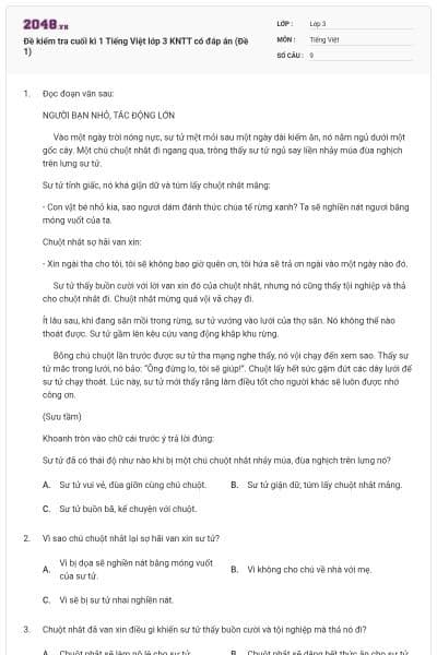 Đề kiểm tra cuối kì 1 Tiếng Việt lớp 3 KNTT có đáp án (Đề 1)