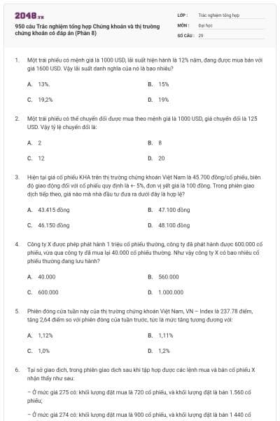 950 câu Trắc nghiệm tổng hợp Chứng khoán và thị trường chứng khoán có đáp án (Phần 8)