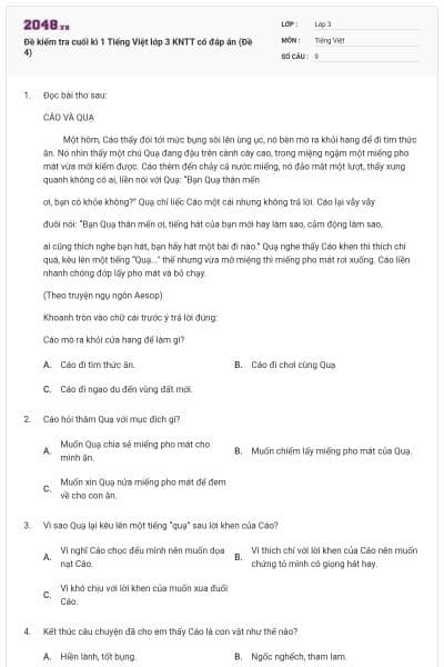 Đề kiểm tra cuối kì 1 Tiếng Việt lớp 3 KNTT có đáp án (Đề 4)