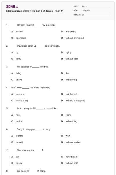5000 câu trắc nghiệm Tiếng Anh 9 có đáp án - Phần 41