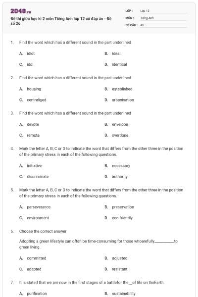 Đề thi giữa học kì 2 môn Tiếng Anh lớp 12 có đáp án - Đề số 26