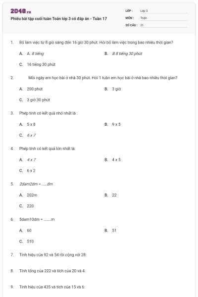 Phiếu bài tập cuối tuần Toán lớp 3 có đáp án - Tuần 17