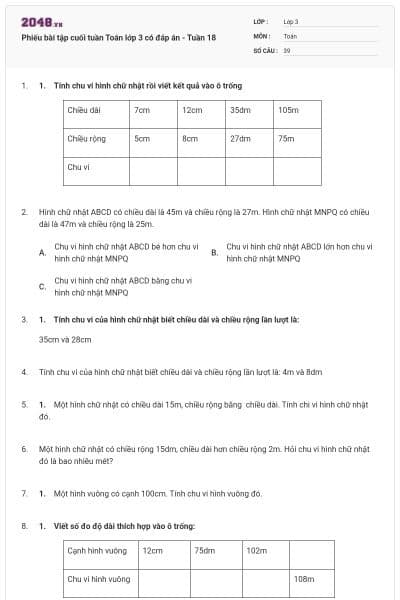 Phiếu bài tập cuối tuần Toán lớp 3 có đáp án - Tuần 18