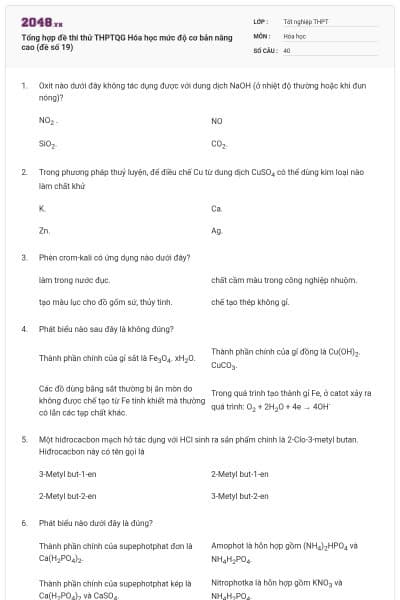 Tổng hợp đề thi thử THPTQG Hóa học mức độ cơ bản nâng cao (đề số 19)