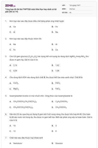Tổng hợp đề thi thử THPTQG môn Hóa Học hay nhất có lời giải (Đề số 14)