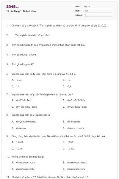 19 câu Dạng 1: Tính vi phân