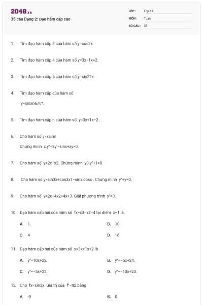 35 câu Dạng 2: Đạo hàm cấp cao