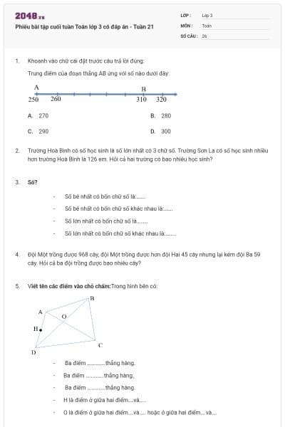 Phiếu bài tập cuối tuần Toán lớp 3 có đáp án - Tuần 21