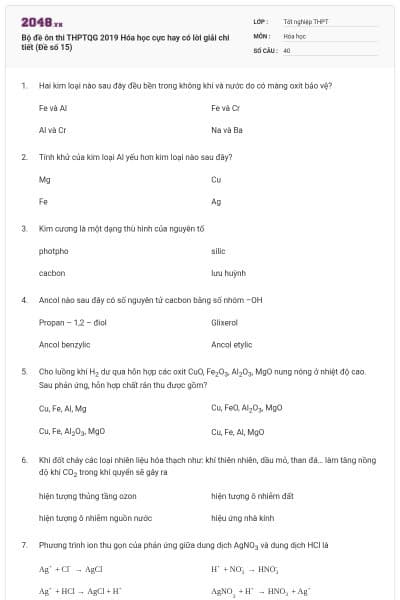Bộ đề ôn thi THPTQG 2019 Hóa học cực hay có lời giải chi tiết (Đề số 15)