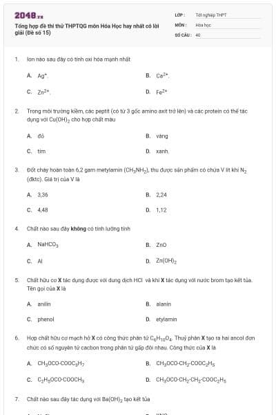 Tổng hợp đề thi thử THPTQG môn Hóa Học hay nhất có lời giải (Đề số 15)