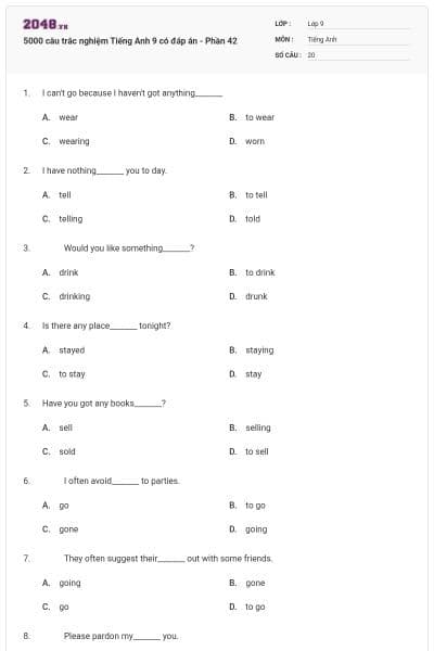 5000 câu trắc nghiệm Tiếng Anh 9 có đáp án - Phần 42