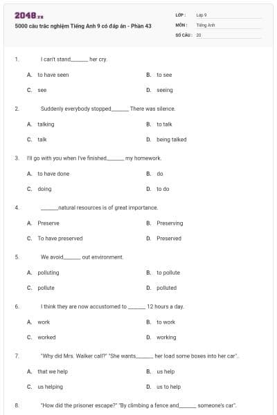 5000 câu trắc nghiệm Tiếng Anh 9 có đáp án - Phần 43