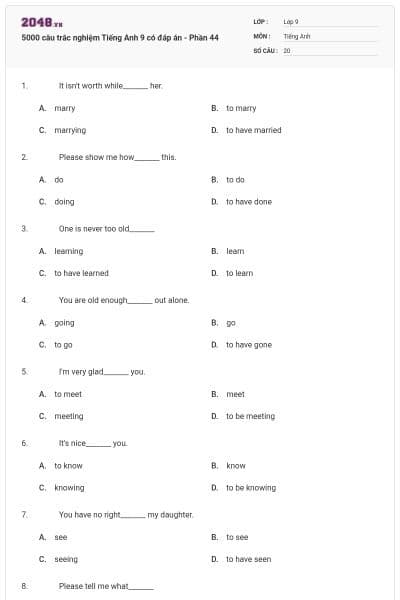 5000 câu trắc nghiệm Tiếng Anh 9 có đáp án - Phần 44