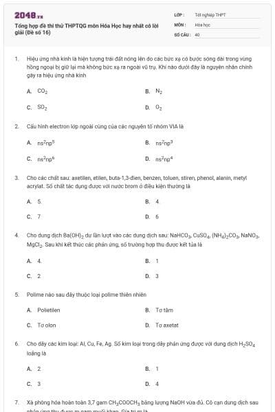 Tổng hợp đề thi thử THPTQG môn Hóa Học hay nhất có lời giải (Đề số 16)