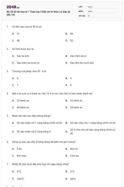 Bộ 20 đề thi học kì 1 Toán lớp 3 Kết nối tri thức có đáp án (Đề 16)