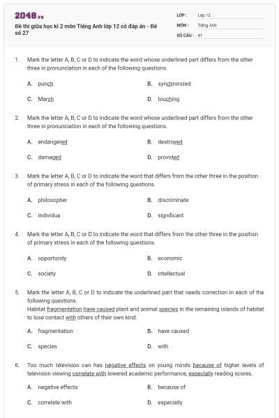 Đề thi giữa học kì 2 môn Tiếng Anh lớp 12 có đáp án - Đề số 27