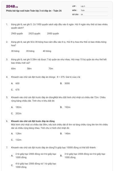 Phiếu bài tập cuối tuần Toán lớp 3 có đáp án - Tuần 26