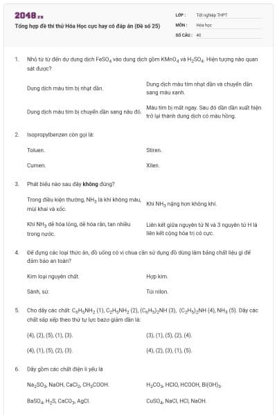 Tổng hợp đề thi thử Hóa Học cực hay có đáp án (Đề số 25)