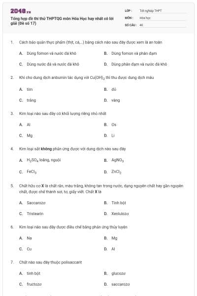 Tổng hợp đề thi thử THPTQG môn Hóa Học hay nhất có lời giải (Đề số 17)
