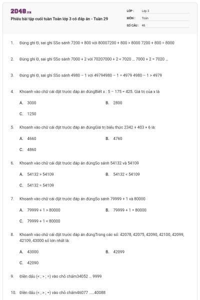 Phiếu bài tập cuối tuần Toán lớp 3 có đáp án - Tuần 29