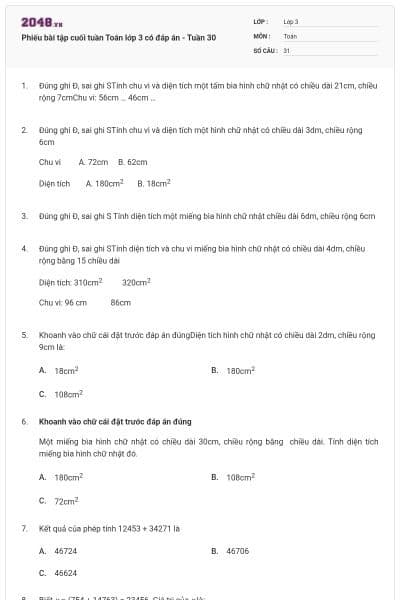 Phiếu bài tập cuối tuần Toán lớp 3 có đáp án - Tuần 30