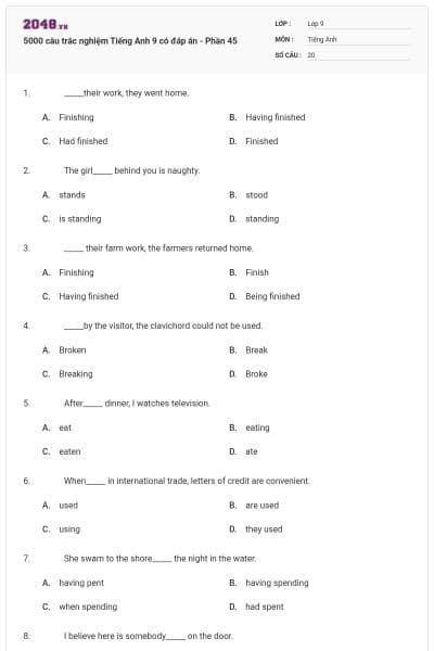 5000 câu trắc nghiệm Tiếng Anh 9 có đáp án - Phần 45