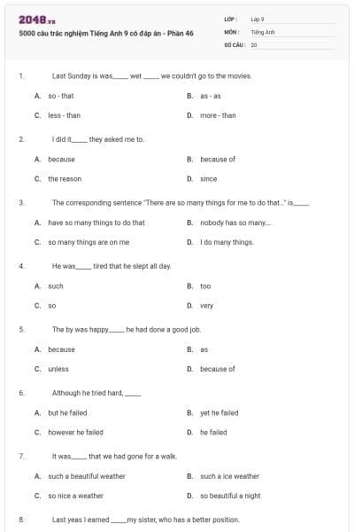 5000 câu trắc nghiệm Tiếng Anh 9 có đáp án - Phần 46