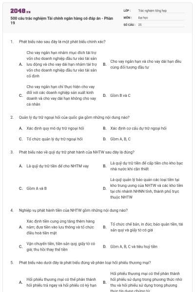 500 câu trắc nghiệm Tài chính ngân hàng có đáp án - Phần 19