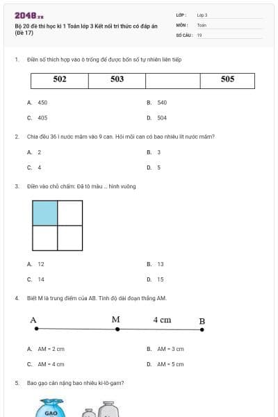 Bộ 20 đề thi học kì 1 Toán lớp 3 Kết nối tri thức có đáp án (Đề 17)