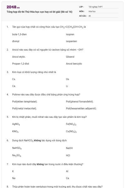 Tổng hợp đề thi Thử Hóa học cực hay có lời giải (Đề số 16)