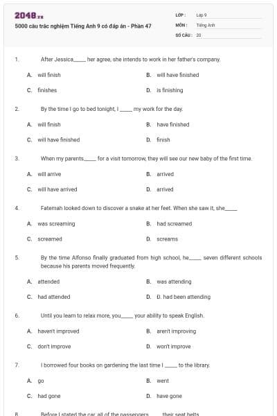 5000 câu trắc nghiệm Tiếng Anh 9 có đáp án - Phần 47