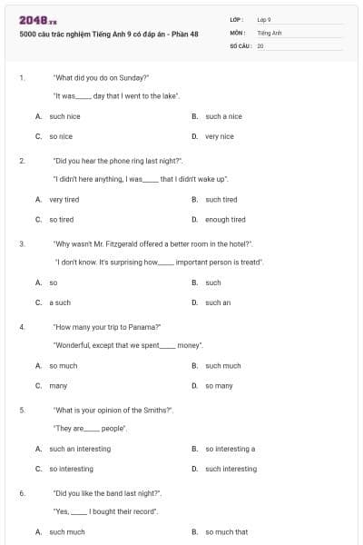 5000 câu trắc nghiệm Tiếng Anh 9 có đáp án - Phần 48