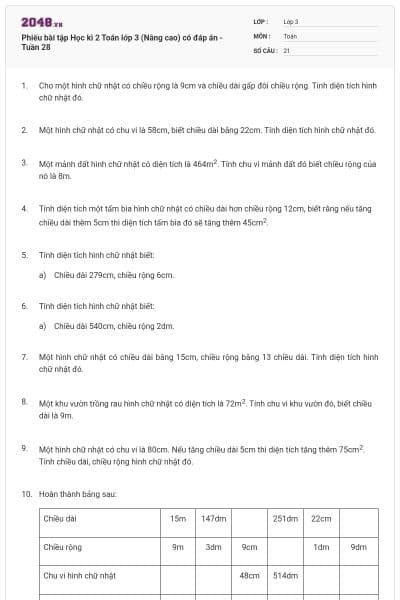 Phiếu bài tập Học kì 2 Toán lớp 3 (Nâng cao) có đáp án -Tuần 28