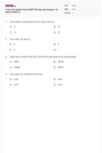 4 câu Trắc nghiệm Toán 6 KNTT Bài tập cuối chương 1 có đáp án (Phần 2)