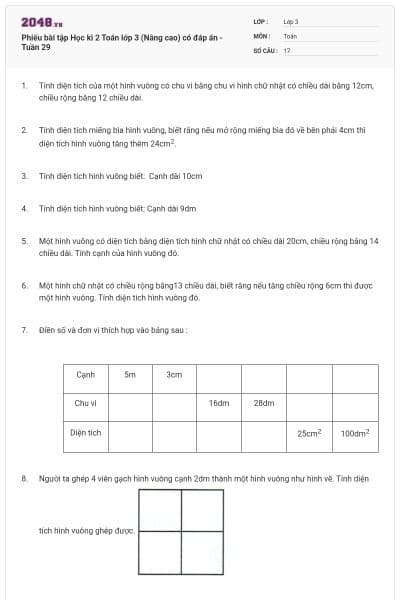 Phiếu bài tập Học kì 2 Toán lớp 3 (Nâng cao) có đáp án -Tuần 29