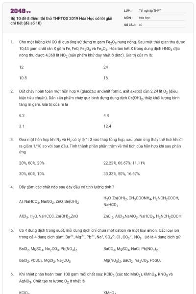 Bộ 10 đề 8 điểm thi thử THPTQG 2019 Hóa Học có lời giải chi tiết (đề số 10)