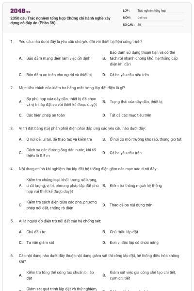2350 câu Trắc nghiệm tổng hợp Chứng chỉ hành nghề xây dựng có đáp án (Phần 36)