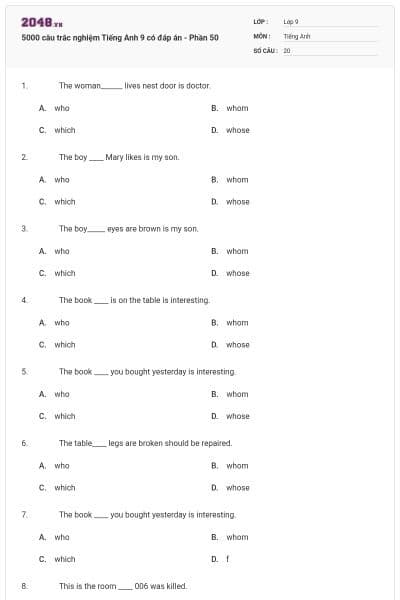 5000 câu trắc nghiệm Tiếng Anh 9 có đáp án - Phần 50